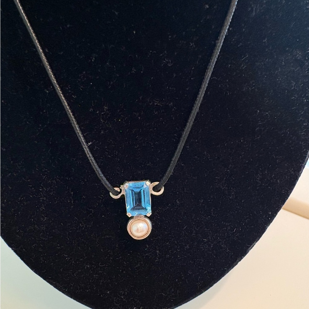 One of a kind handmade blue topaz, pearl and silver necklace with silk cord